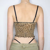 Retro Leopard Print Camis Vintage 2000s Bow Stitched Sleeveless Lace Strap Crop Top Women Summer See Through Mesh Tee y2k-Outfit