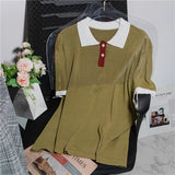 New 2022 Chic Korean Fashion Knitted Pullover Polo Collar Women Spring Summer Vintage Elegant Wild Lady Top