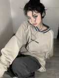 Print V Neck Patchwork Sweatshirt-Outfit
