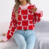 Fongt Autumn And Winter Lattice Love Lantern Sleeve Sweater Valentine's Day Women's Clothing