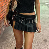 Hot Girls Rivet Zipper Splicing Sexy Forked Black Pleated Leather Skirt 2023 Summer New Women-Outfit