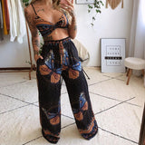 Fongt Summer New Women's Printed Sexy Breasts Loose Broad Leg Pants Two Sets