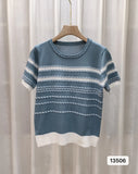 Kong Flavor Retro Chic Striped Shoulder Short Sleeve T-Shirt Girls Summer Thin Retro Thin Ice Silk Knitted Shirt