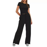 Fongt Suit Folding 2025 New Solid Short-Sleeved Top High-Rise Broad Leg Pants Sportswear