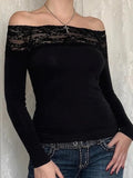 Lace Splice Off Shoulder Long Sleeve Tee-Outfit