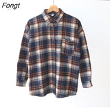 Retro Flannel Brushed Thick Plaid Shirts Women Fall 2022 Korean Fashion Baggy Blouse Female Causal Long Sleeve Tops