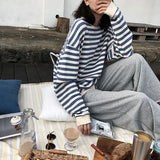 Fongt 2024 New Korean Women's Striped Long-Sleeved T-Shirt Female Top Students Thin Loose Round Collar Hoodie