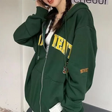 Letter Embroidery Oversized Zip Up Hoodie-Outfit