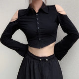 Fongt Women's Ins Academy Wind Pure Desire Show Shoulder Chain Decoration Breasoned Collar Long Sleeve Shirt Top-Outfit