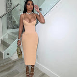 Women Sexy Spahgetti Strap Solid Elegant Maxi Low Neck Body-Shaping Cleavage Skirt Party Clubwear Female