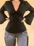 Lace Paneled Long Sleeve Striped Blouse-Outfit