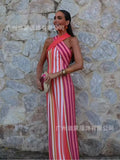 Fongt Women's Clothing Hanging Neck Strapless Pocketed Hips Striped Dress