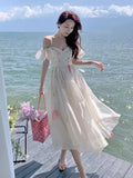 Fongt One-Word Shoulder-Sling Sling Dress Woman Gentle Wind Chopped Flower Bubble Sleeve Yarn Fairy Dress 1956