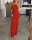 Fongt Fashion Sexy Temperament Women's Pure Color Sleeveless Breasts To Take The Folding Lotus Leaf Side Dress