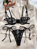 Heart-Shaped Embroidery Mesh Tie Up Lingerie Set-Outfit