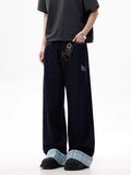 Sales Retro Washing Plaid Splicing Crimped Dark Men's And Women's Jeans Straight Sweep Long Trousers-Outfit