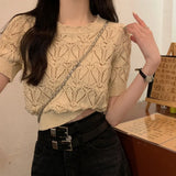 Fongt Temperament Hollow T-Shirt Girl Summer New Solid Color Short-Term Cash Waist Repair Slim Thin Short-Sleeved Top