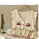 2023 New Kawaii Knitted Sweater Vest Women Patchwork Cherry Bow Sweet Pullover Japanse Style Lolita Sleeveless Waistcoat-Outfit