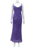 Purple Sequin Cowl Neck Backless Midi Dress-Outfit