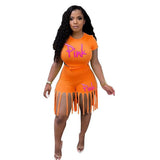Plus Size Women Set S-5XL PINK Letter Print Round Neck Top And Tassel Shorts Two Piece Sets Casual 2pcs Outfits