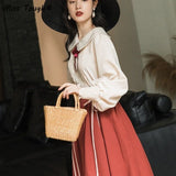 Vintage Two Piece Set Women Lace Patchwork Elegant Party Skirt Suits Female Sweet Korean Bow Ribbon Designer Set
