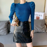 Puff Long Sleeve Knitted Sweater Pullovers Girls Solid Buttons O-neck Streetwear Winter Sweaters Tops Jumpers Women-Outfit