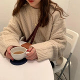Fongt Thick Twist Pure Color Loose Sweater Female Autumn Dong New Round Collar Lazy Wind Sweater Jacket-Outfit
