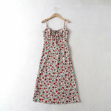 Bohemian Brown Floral Print Backless Sling Dress Summer Holiday Woman Adjust Spaghetti Strap Dresses Beach Holiday