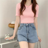 Fongt Version Of The Solid Color Short Sleeve Collar Collar Threaded Knitted Shirt Summer Sweater Bottom T-Shirt With Top