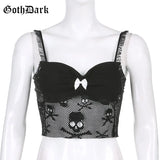 Dark Gothic Skull Graphic Embroidery Black Camis Sexy Mesh Patchwork Transparant Bodycon Crop Top Women Sleeveless