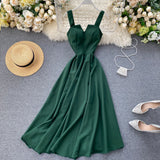 New Design Sense Careful Machine V Collar Back Retro Solid Color Waist Show Thin Hem Long Dress Women's Dress-Outfit