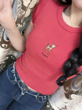 Women Soft Cotton Red Deer Embroidery Tees 2023 Summer Fashion Ladies O Neck Casual Female Short Sleeves Slim Tops-Outfit