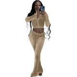 Fongt Women's Two-Piece Solid Color Cardigan Long Sleeve Sexy Crop Casual Sports Suit Female-Outfit