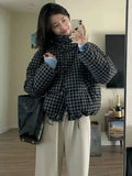 Black Plaid Down Jacket Women's Short 2024 New Design Woolen Retro And Thick Bread Coat-Outfit