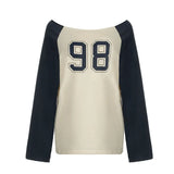 Fongt Style Patchwork Color Digital Print Long-Sleeved T-Shirt Loose Shoulder And Thin Top-Outfit