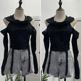 Real Shooting Doomsday Wasteland Wind To Make Old Worn Hooded Long-Sleeved T-Shirt Short High-Waisted Umbilly Top