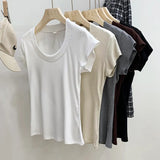 Version Simple Solid Color Threaded U-Collar Short-Sleeved T-Shirt Women Summer New Style Slim Look Thin Pure Desire Hot Girl Blouse Girl-Outfit