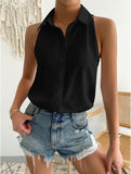 New Spring Satin Sleeveless Shirt Leisure Solid Color Summer Shirt Blouse-Outfit