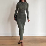 Fongt 2023 New Solid Color Round Collar Pleated Design Slim Wrap Buttock Dress-Outfit