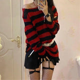 Fongt Version Of The Hollow Hole In The Long Sweater Female Lovers Stripes Loose Color Dark Versatile Knit Niche-Outfit