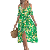 And Summer Out-To-Shoulder Cross V-Neck Flower Sling Dress Holiday Dress Women's