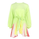 Spring Hit Color Patchwork Womens Dress O Neck Puff Sleeve Bandage Pleated Dresses Female 2022 Casual Fashion