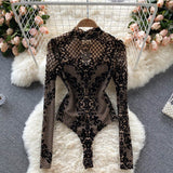 Fongt Sexy See-Through Long Sleeve Slim Bottom Top Onesie-Outfit