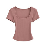 Trend Spice Girls Basic Style Large U-Neck Straight Shoulder Short-Sleeved T-Shirt Slim And Elastic Blouse-Outfit