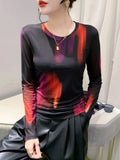 S-3XL New Vague Printing Mesh T-shirt Women's Round Neck Long Sleeve High Stretch Light Fabric Tees Tops-Outfit