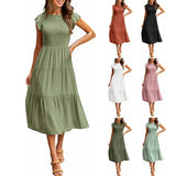 Fongt Summer Hot Women's Clothing New To Take Flying Sleeves Pure Color Folding Short-Sleeved Dress Women