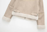 Beige Fur Lining Turn-Down Collar Biker Jacket-Outfit