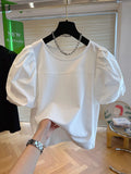 New T-Shirts Causal O-neck Patchwork Puff Sleeve Shirts for Women Chic Korean Sweet