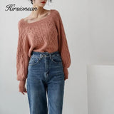 Square Neck Short Sweater Women Elegant Chic Casual Knitted Pullovers Autumn Korean Soft Sexy Knitwear Female
