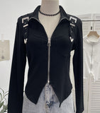 Real Shooting Irregular Zipper Collar Short Small Coat With Long Sleeves And Bottom Shirt